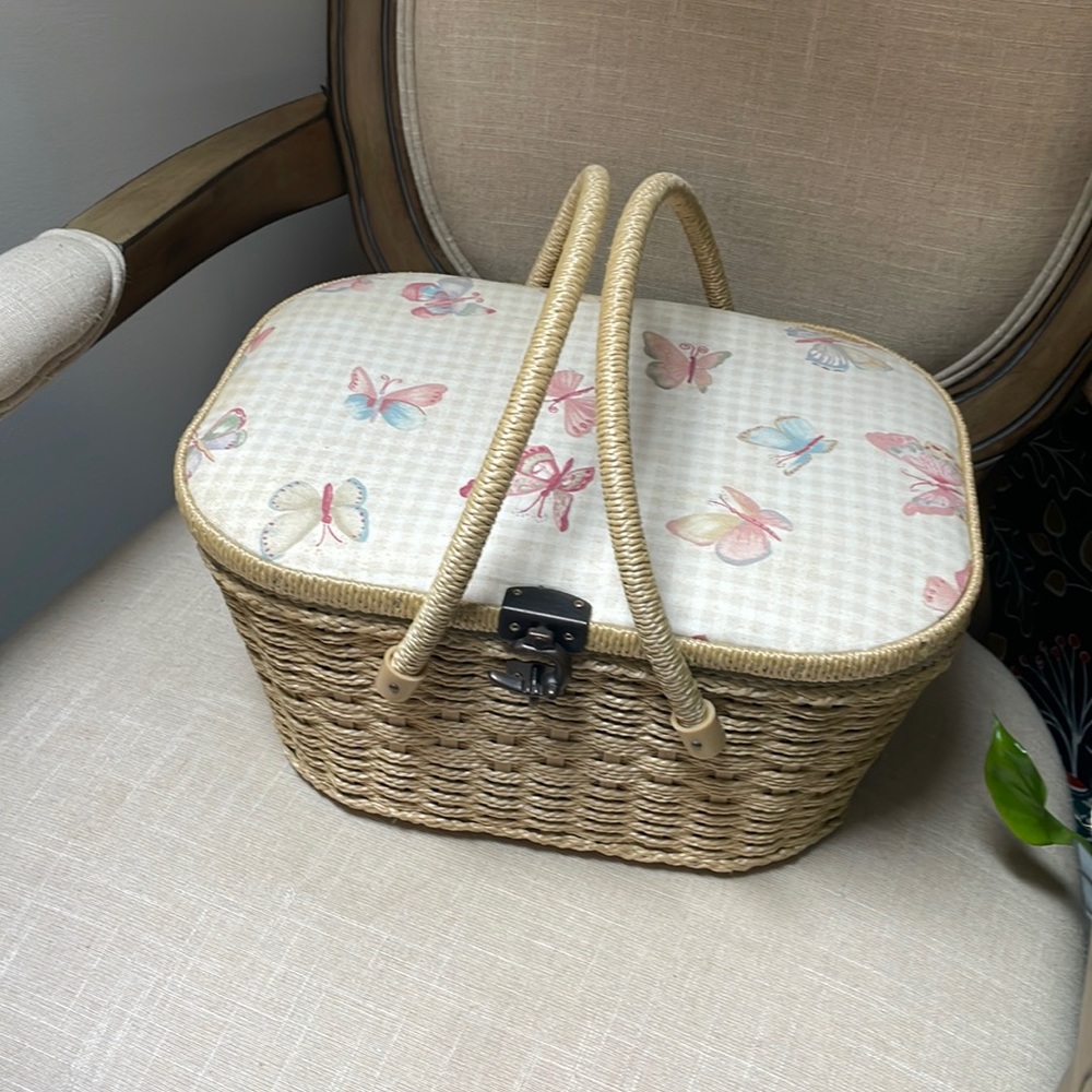 Vintage Butterfly Sewing Basket Double Handle Storage Container - Picture 1 of 16